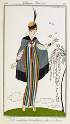 Pequeno manto de veludo, vestido de linho. Mulher usa um pequeno manto de veludo, com um vestido de linho às riscas, sapatos laranja com tira em T e um chapéu guarnecido de preto e vermelho. Costumes Parisiens.