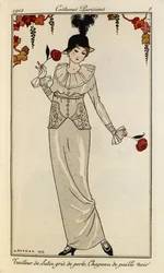 «Tailleur de cetim cinzento-pérola. Chapéu de palha preto». Costumes Parisiens n.º 8. Mulher usa um vestido de cetim cinzento-pérola e um chapéu de palha preto, com uma pena. Segura uma rosa em cada mão.