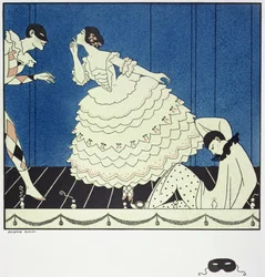 Tamara Karsavina (1885-1978) como Columbine, Vaslav Nijinsky (1890-1950) como Harlequin e Adolph Bolm (1884-1951) como Pierrot no "Carnaval" de Fokine em 1910, pub. 1914 (pochoir print)