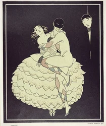 Tamara Karsavina (1885-1978) como Columbine e Vaslav Nijinsky (1890-1950) como Arlequim no Carnaval de Fokine em 1910, pub. 1914 (impressão pochoir)