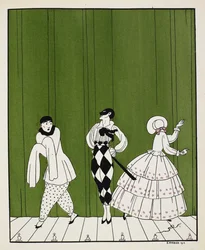 Três personagens do ballet de 1910, Carnaval, composto por Robert Schumann. À esquerda é um mímico artista. No meio está um homem, vestido com uma camisa branca com uma gravata preta e calças de xadrez, usando uma máscara. À direita está uma senhora, virad