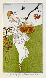 Toilette de tafetá imprime chapeau de paille. Trajes parisienses no.179. Uma mulher vestindo uma roupa estampada de seda e chapéu de palha. Ela está carregando uma tigela de frutas.