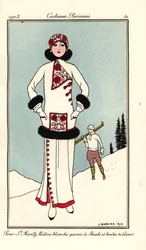 Mulher em traje para St. Moritz em friso branco com guarnição de skunk e bordado de lã. Despeje St. Maritz ratine blanche garnie de skunks et brodee de laine. Pochoir colorido à mão (estêncil) gravura após uma ilustração de George Barbier de Tommaso Antong
