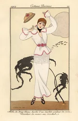 Mulher de vestido de lã branca com guarnição rosa, cinto de rosas de crochê, perdendo o chapéu ao vento. Robe de drap blanc borde d