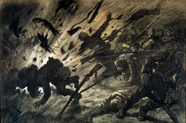 Efeito de um projéctil na noite, abril de 1915. Desenho de Georges Scott, dito Scott de Plagnolles (1874-1942), 1915 - Tinta sobre papel, realces de guache - Dimensões: 0,67 x 1,010 m - Paris, Musée de l