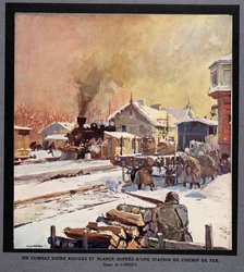 Luta entre a Guarda Vermelha e a Guarda Branca numa estação ferroviária, de Histoire des Soviets, pub. 1922 (litografia a cores)