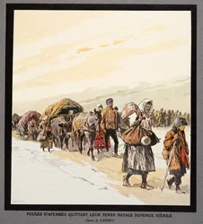 Êxodo de pessoas famintas da sua terra natal, de Histoire des Soviets, pub. 1922 (litografia a cores)