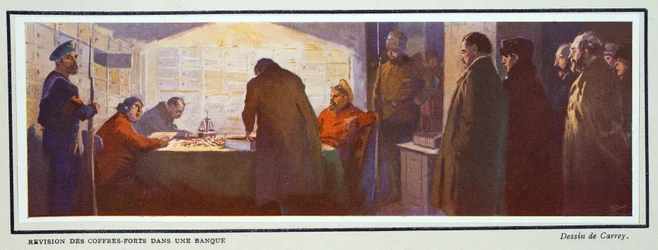 Interior de um cofre de banco durante a Revolução, de Histoire des Soviets, pub. 1922 (litografia a cores)