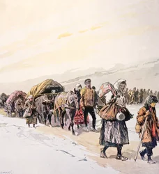 Multidões famintas a abandonar a sua terra natal, c.1924 (litografia a cores)