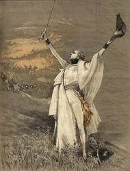 A atriz Henriette Rosine Bernard chamou Sarah Bernhardt (1844-1923) no papel do Duque de Reichstadt (filho do Imperador Napoleão I (1769-1821) - "o Aiglon", gravura de Georges Jules Victor Clairin (1843 - 1919) de 1900.