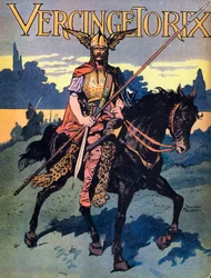 Retrato de Vercingétorix (c. 80 - c. 46 a.C.), guerreiro e líder gaulês da tribo dos Arvernos (Retrato de Vercingétorix, 82 a.C. - 46 a.C., chefe da tribo dos Arvernos). Ilustração de Georges Conrad (1874-1936), retirada de Nos Gloires Nationales, cerca