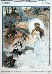 A Princesinha encontra-se diante do velho caixão, ilustração de uma história para crianças na revista "Mon Journal