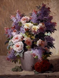 Natureza morta com rosas e lilases. Pintura de Georges Jeannin (1841-1925) Coleção particular.