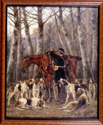 Carregando no cavalo de um veado morto durante uma caçada - desenho de Georges La Roque, por volta de 1900