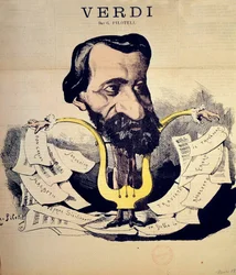 Caricatura do compositor Giuseppe Verdi (1813-1901) por Pilotell (1845-1918), março de 1869. Conservatoire National de Musique, Paris