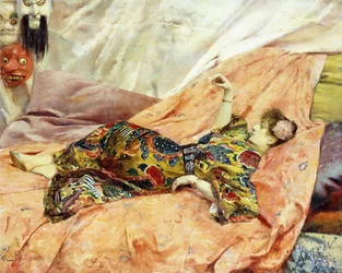 Um retrato de Sarah Bernhardt, reclinado no interior de Chinois,