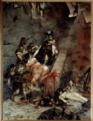 Andrómaca. Depois da tomada de Troia, Pirro recebeu como parte do despojo a viúva de Heitor, Andrómaca, e o seu filho Astíanax. Pintura de Georges Antoine Rochegrosse (1859-1938).