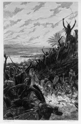 Ilustração de Georges Antoine Rochegrosse (1859-1938) para o romance "Salammbo" de Gustave Flaubert, tomando como moldura a guerra dos mercenários na época da primeira Guerra Púnica (246-241 a.C.) entre os romanos e cartagineses.