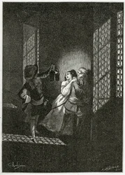 Os amantes Ethel e Ordener são capturados pelo tenente d&39;Alpheld - ilustração de Han d&39;Islande, século 19 (gravura bw)