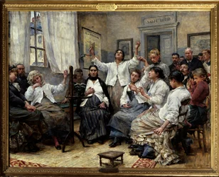 Os fascinantes da Caridade (serviço do Doutor Luys). Cena no Hôpital de la Charite em Paris: pacientes com histeria e outras doenças mentais estão sendo observados por médicos no fundo da sala. Na parede um poster sobre os métodos de hipnose como tratament