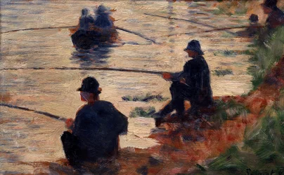 Os pescadores na linha de estudo para o grande jatte. Pintura de Georges Seurat (1859-1891) 1883 Sol. 0,16x0,25 m Troyes, museu de arte moderna.