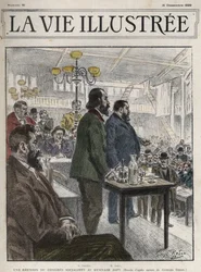 Congresso Geral de Organizações Socialistas, realizado em Paris em dezembro de 1899, no Ginásio Japy - Jean Jaures (1859-1914) e Eugene Fournier (1857-1914) desenho de Georges Redon - la vie illustree de 1899