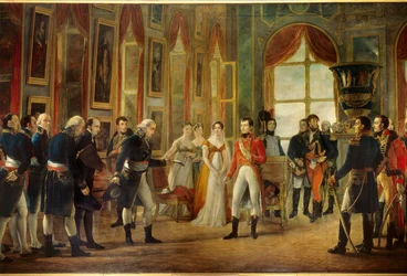 Napoleão I (1769-1821) recebeu em Saint-Cloud o Senatus-Consulte que o proclamou Imperador dos franceses em 18/05/1804 (atrás da imperatriz Josefina, está sua filha Hortense e sua cunhada Marie-Annonciade, Caroline Bonaparte (1782-1839)). Je