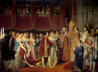 Casamento religioso de Napoleão I (1769-1821) com a Arquiduquesa Marie Louise de Habsburgo-Lorena (1791-1847), 2/04/1810 no Salon carre du Louvre Pintura de Georges Rouget (1783-1869) Sol do século XIX. 3,67x4,94 m. - Casamento Religioso de Napoleão I (17