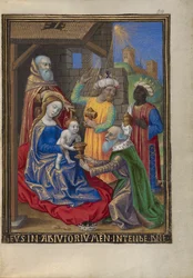 A Adoração dos Magos de um Livro de Horas Ms. 48 fol. 59, c.1480-90 (têmpera, folha de ouro e tinta em pergaminho)