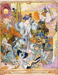 Painel central de uma ilustração tríptico do livro &39;La Porte des Reves&39; de Marcel Schwob