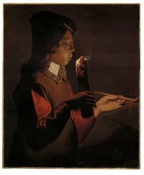 Um menino com um cachimbo, soprando em um incendiário (óleo sobre tela)