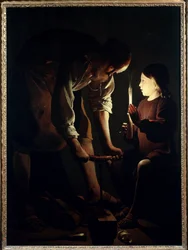 São José carpinteiro, o Menino Jesus segura uma vela para iluminar o seu pai José no trabalho. Pintura de Georges de La Tour (1593-1652), 1640, A. 1,07 x 1,02 m, Paris, Museu do Louvre