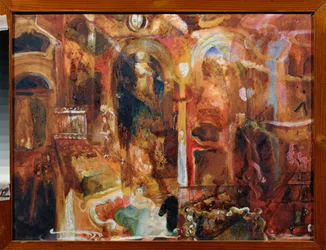 Café (Cafe) - Obra de Georgi Bogdanovich Yakulov (1884-1928), aguarela e branco sobre papel, arte russa, século XX, futurismo - Museu Regional de Arte, Kaluga (Rússia)