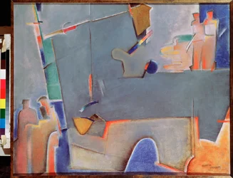 O guindaste de elevação - pintura de Georgi Avgustovich Stenberg (1900-1933), óleo sobre tela