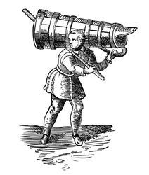 Um aprendiz, carregando uma embarcação de madeira tão alta quanto ele, a caminho de buscar água, 1572