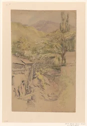 Paisagem montanhosa com moinho de água