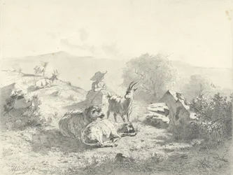 Pastora com cabras e ovelhas em paisagem montanhosa