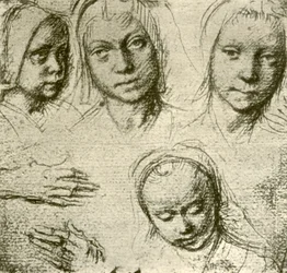 Quatro cabeças de uma jovem garota e duas mãos, c1500-1505, 1908.