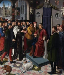 O Julgamento de Cambises (o rei persa Cambises II, morto em 522 a.C., condena o juiz Sisamnes a ser esfolado vivo por ter proferido uma sentença em troca de dinheiro) - O Julgamento de Cambises (painel esquerdo) - Pintura de Gerard David (c. 1460-1523)