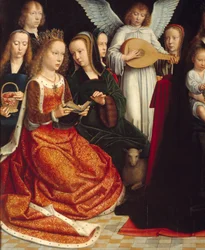A Virgem entre os santos. Detalhe de Saintes: Sainte Dorothee, Sainte Catherine, Sainte Agnes, Sainte Fausta. Pintura de Gerard David (1460-1523) Ec. Flam.