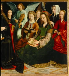 A Virgem entre os santos. Detalhe dos Saintes: Santa Apolline (ou Apolónia), Santa Godeline, Santa Cecile, Santa Barbe, Santa Lúcia. Pintura de Gerardo David (1460-1523)