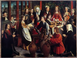 As bodas de Caná. O milagre da água transformada em vinho durante um banquete de casamento para o qual Jesus e Maria são convidados. Pintura de Gerard David (1460-1523). 1 x 1,28 m