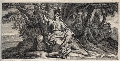 Minerva Slaming Discord - Minerva Terrassant la discorde - Gravação de Gerard Edelinck depois de Daniel Halle (1614-1675)