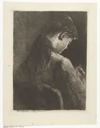 Garota sentada, vista de costas