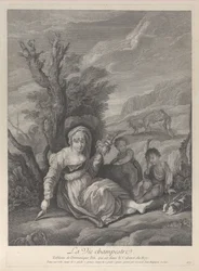 Uma mulher do campo sentada na paisagem com dois meninos ao seu lado, 1729-40.