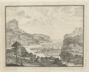 Paisagem fluvial com vista para uma cidade