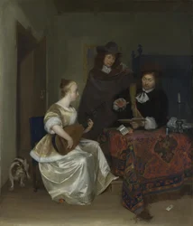 Uma mulher tocando Theorbo para Two Men, ca 1668