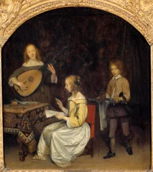 O Concerto: cantora e tocadora de Luth Theorbe. Pintura de Gerard Ter Borch (1617-1681), escola holandesa
