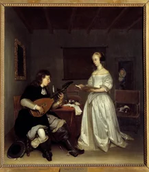 O Duo; cantor e tocador de alaúde theorbo. Pintura de Gerard Ter Borch (1617-1681), holandês