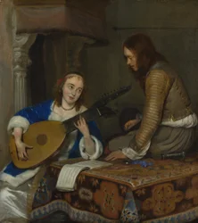 Uma mulher tocando Theorbo-Lute e um cavaleiro, ca. 1658.